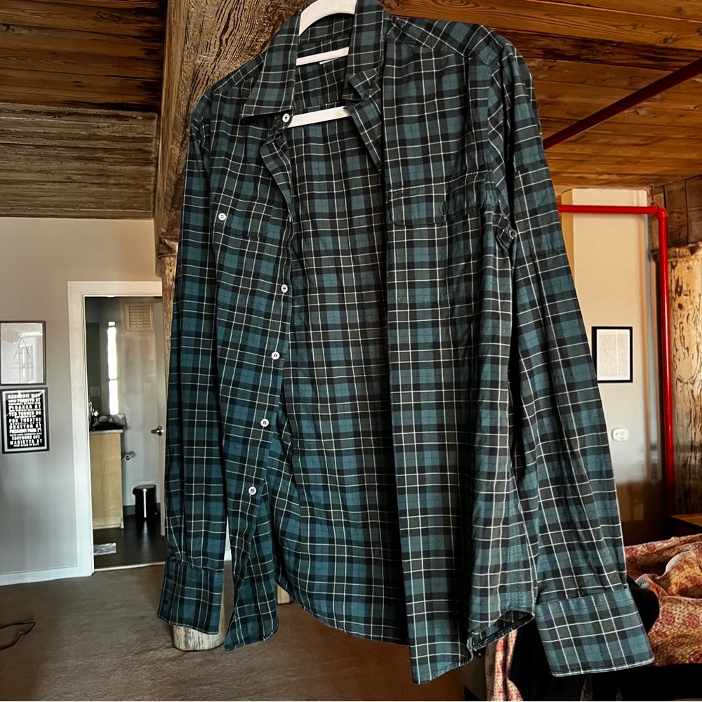 Blue and green plaid button down dress shirt